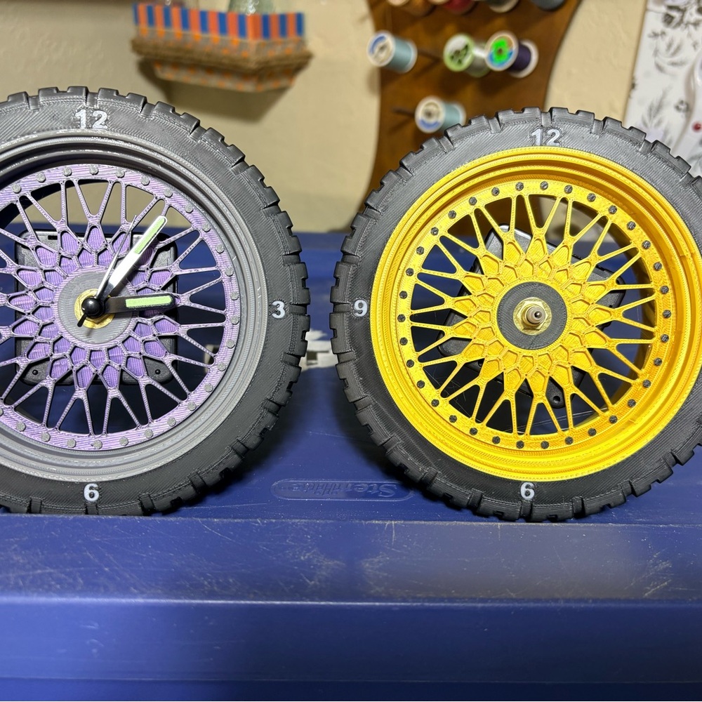 Unique Tire desk/shelf Clock with Purple or Gold and Black Design